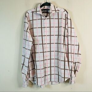Zara Man Windowpane Button Down Shirt 15 Neck